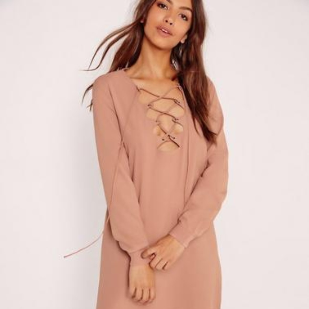 Scallop front lace up shift dress nude
